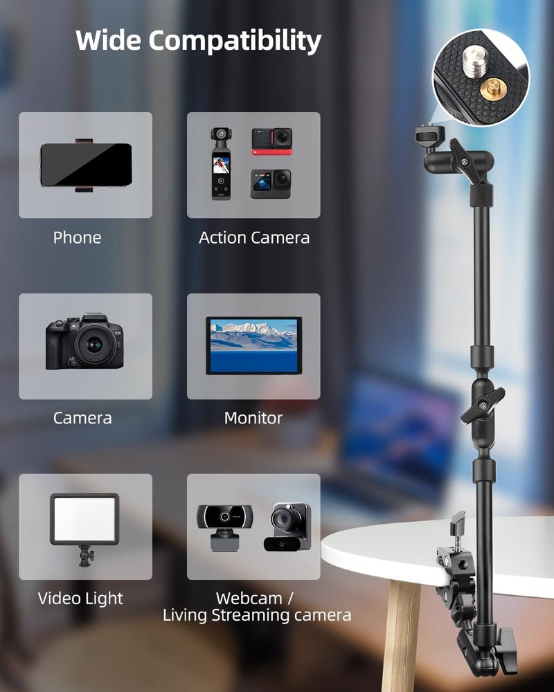 JEBUTU 22" Magic Arm w Clamp, Overhead Phone Mount, Desk Camera Mount w Articulating Friction Boom Arm Thread Adapter, for Phone Video Light Webcam Microphone Action Camera Content Creators - Image 5